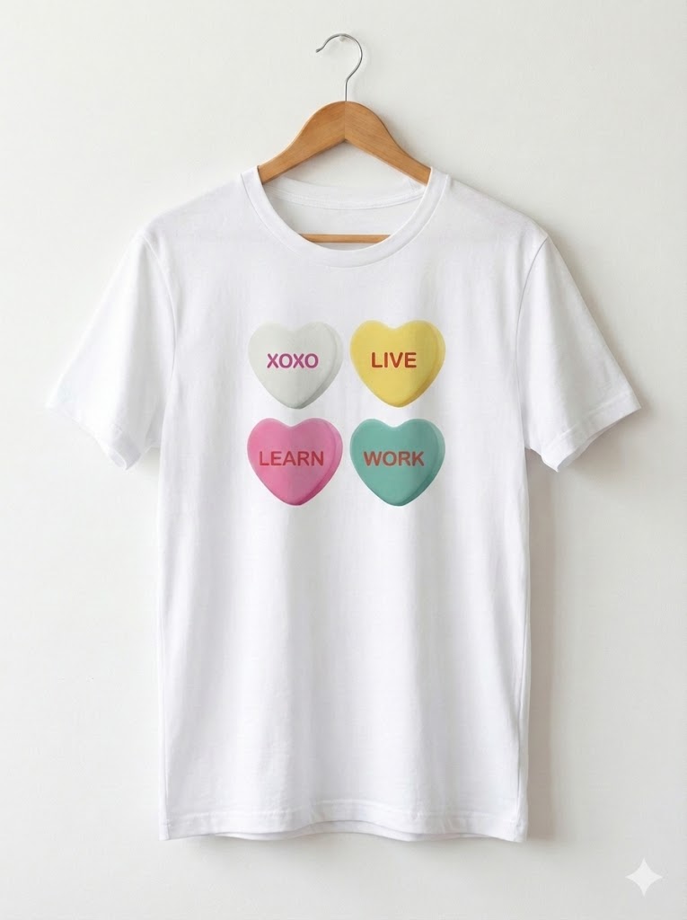 "Live, Learn, Work, XOXO" Candy Heart Graphic Tee