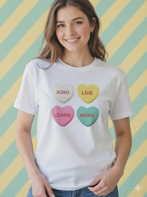 "Live, Learn, Work, XOXO" Candy Heart Graphic Tee